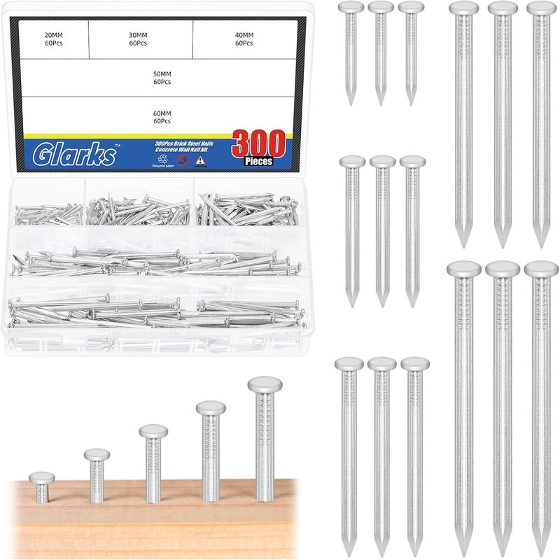 Glarks 300pcs 20/30/40/50/60mm Brick Steel Nails Kit, White Zinc Carbon Steel Hardware Nails, Finishing Nails, Brad and Picture Hanging Nails, Wood Nails, Cement Nails for Drywall and Pine - Image 1